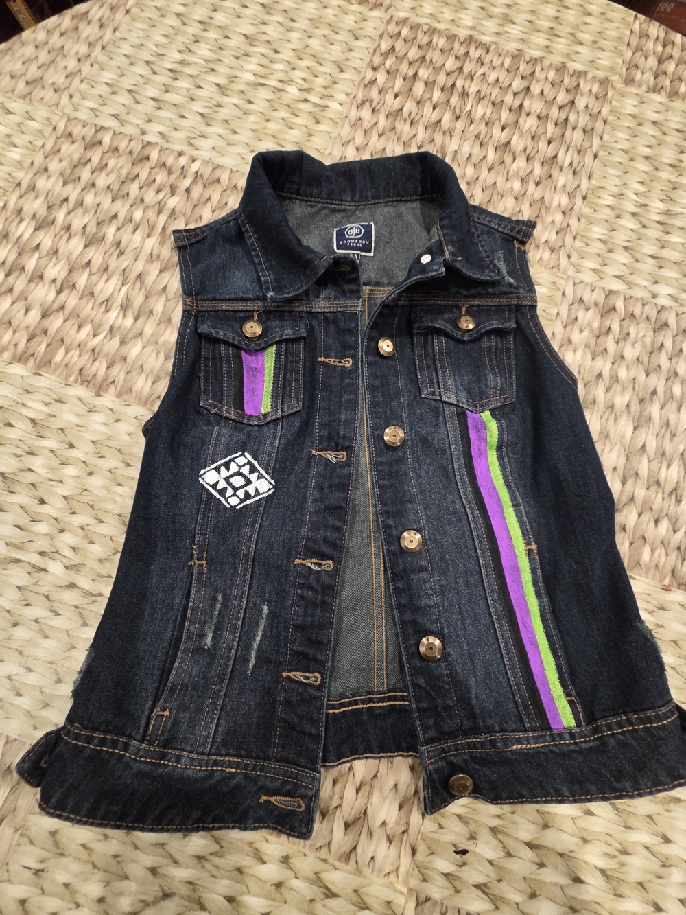 Upcycled Boom Boom Jeans Dark Denim Sleeveless Jacket w Purple & Green Stripes